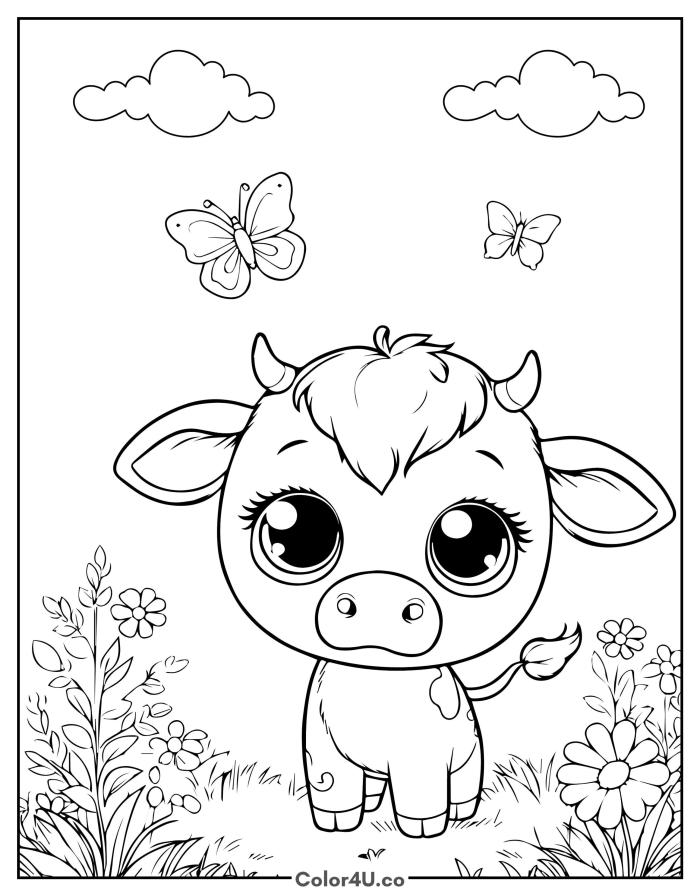 A kawaii baby cow with big eyes in a detailed flower field, detailed farm animals coloring page, free printable