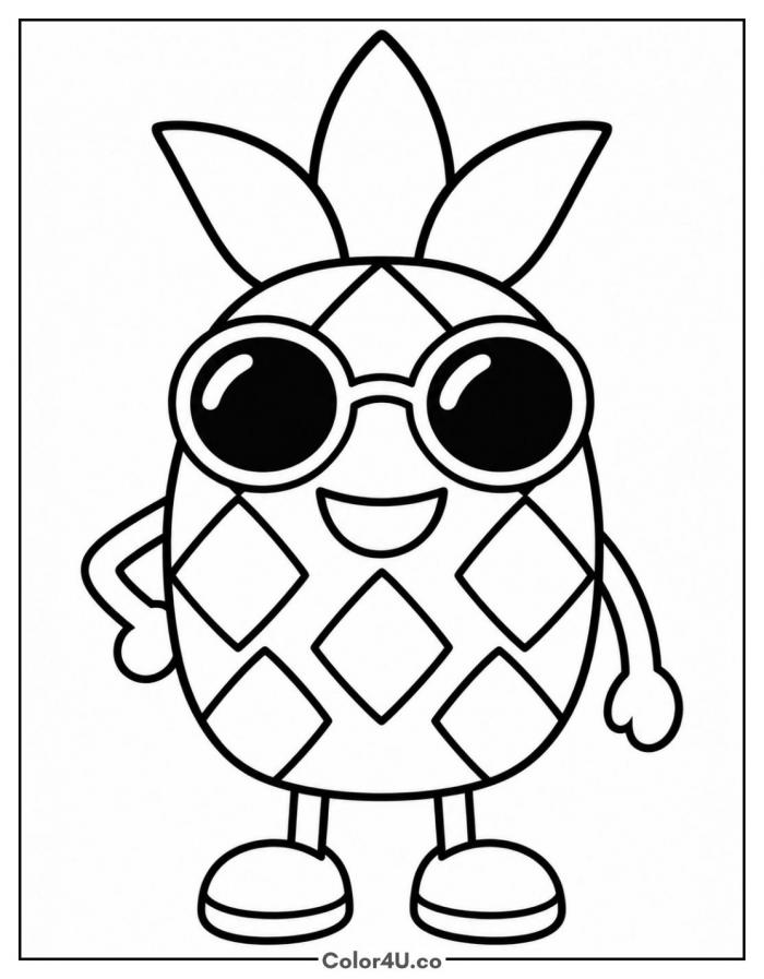 Cool pineapple wearing sunglasses, easy fruit coloring page, free printable