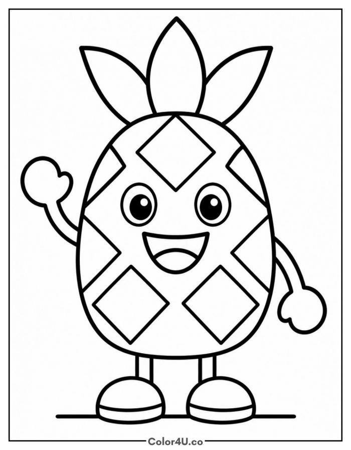 Happy pineapple waving hello, easy fruit coloring page, free printable