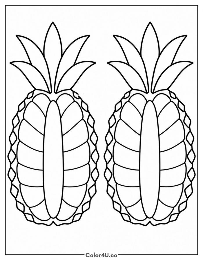 Pineapple cut in half showing the core, medium fruit coloring page, free printable
