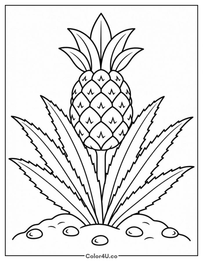 Pineapple plant growing in the ground, medium fruit coloring page, free printable
