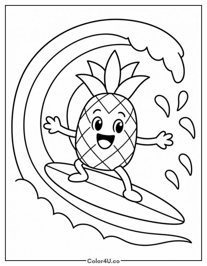 Pineapple surfing a wave, easy fruit coloring page, free printable