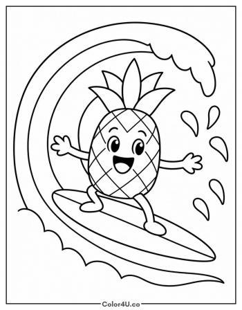 Pineapple Surfing a Wave coloring page
