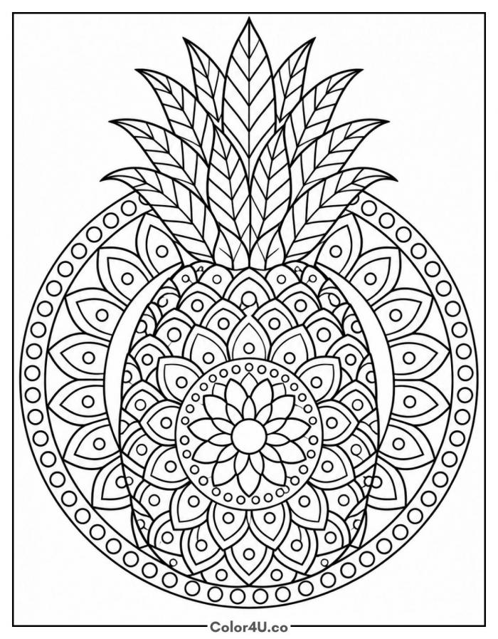 Pineapple mandala with flower center, detailed fruit coloring page, free printable