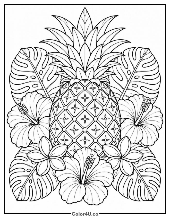 Floral pineapple with hibiscus and monstera leaves, detailed fruit coloring page, free printable