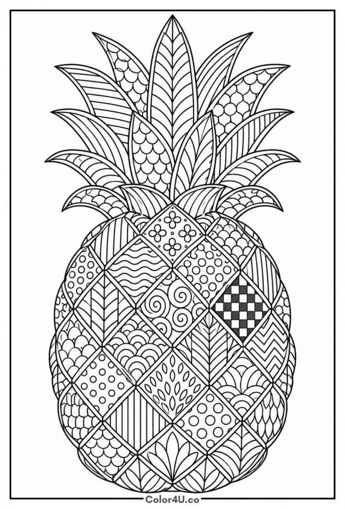Zentangle pineapple with patterned diamonds, detailed fruit coloring page, free printable