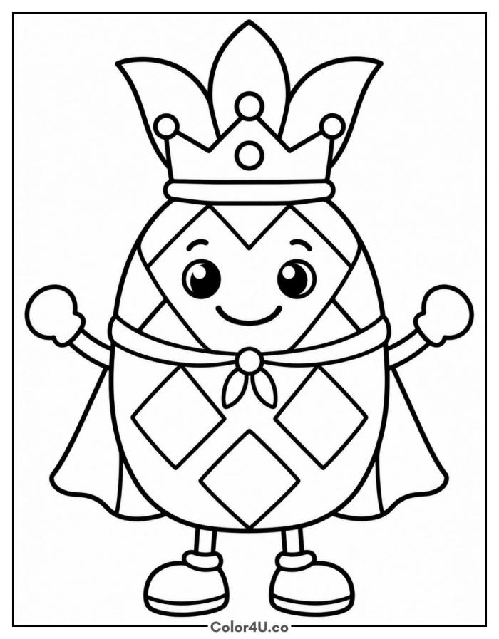 Royal pineapple wearing a crown and cape, easy fruit coloring page, free printable