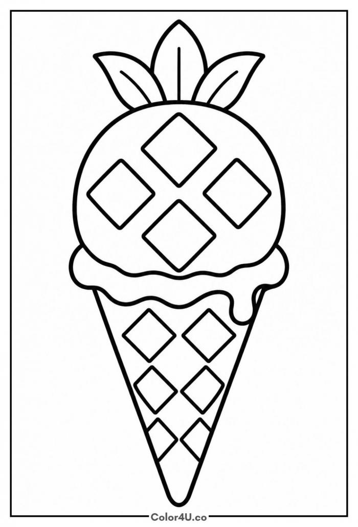 Pineapple ice cream cone with waffle pattern, easy fruit coloring page, free printable