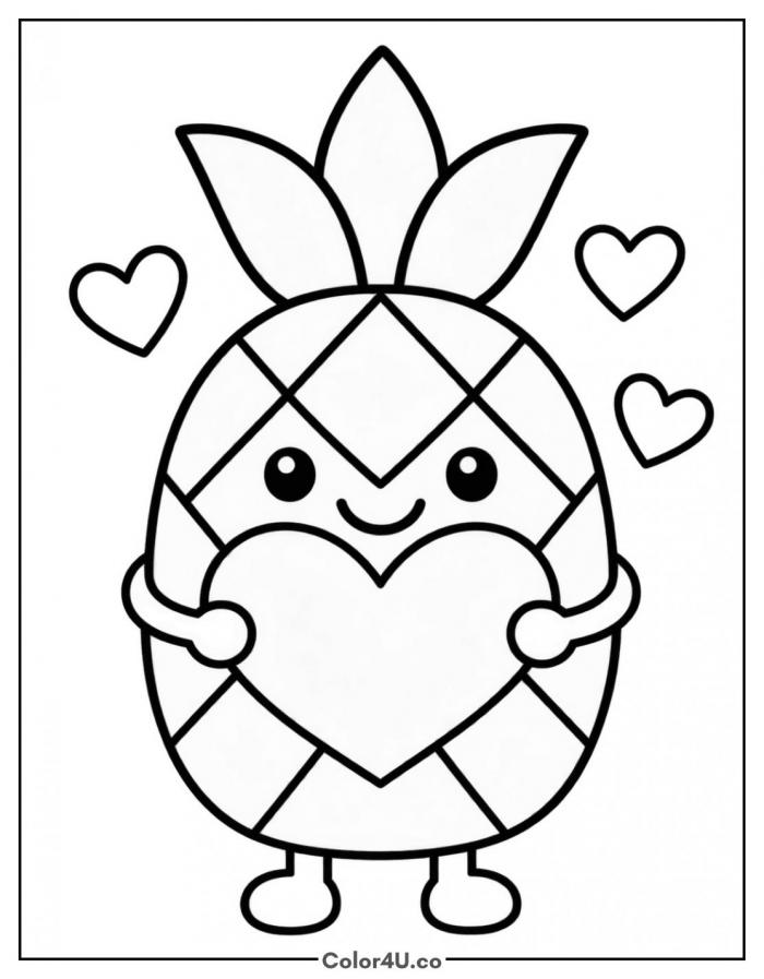 Pineapple hugging a heart, easy fruit coloring page, free printable