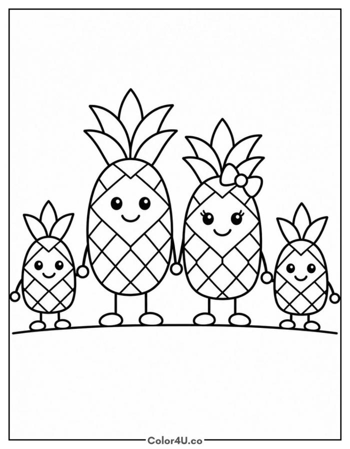 Pineapple family of four holding hands, medium fruit coloring page, free printable