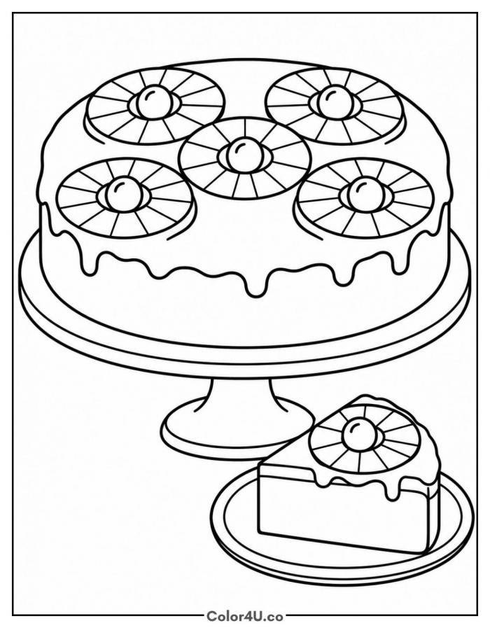 Pineapple upside-down cake on a cake stand, medium food coloring page, free printable