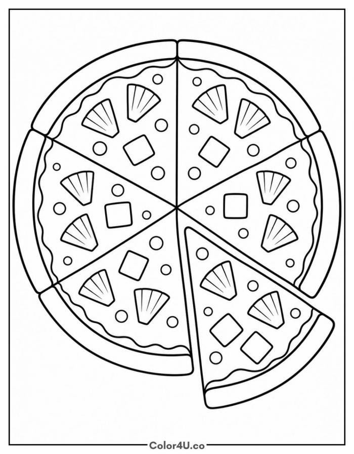 Pineapple pizza with one slice pulled out, medium food coloring page, free printable