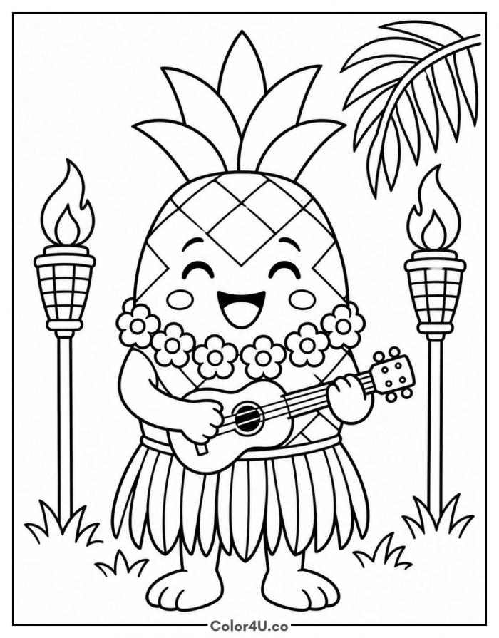 Pineapple luau with flower lei and ukulele, medium fruit coloring page, free printable