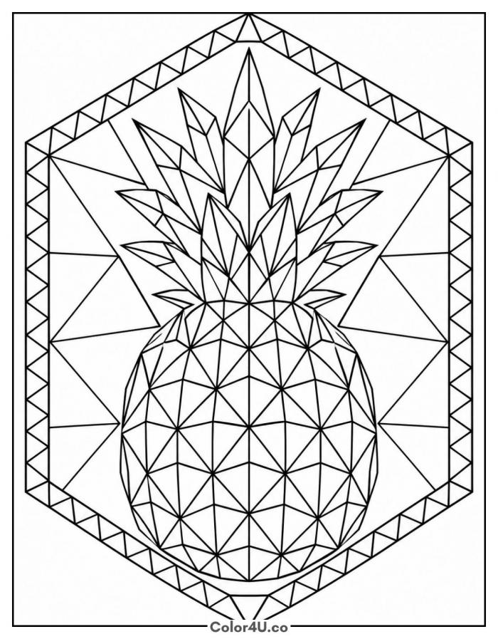 Geometric low-poly pineapple in a hexagon frame, detailed fruit coloring page, free printable