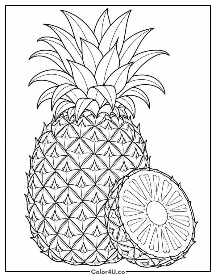 Realistic pineapple with a cut slice, detailed fruit coloring page, free printable