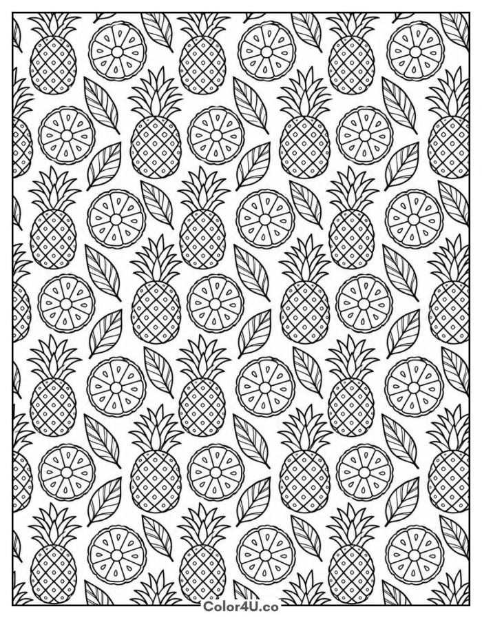 Repeating pattern of pineapples, slices, and leaves, detailed fruit coloring page, free printable