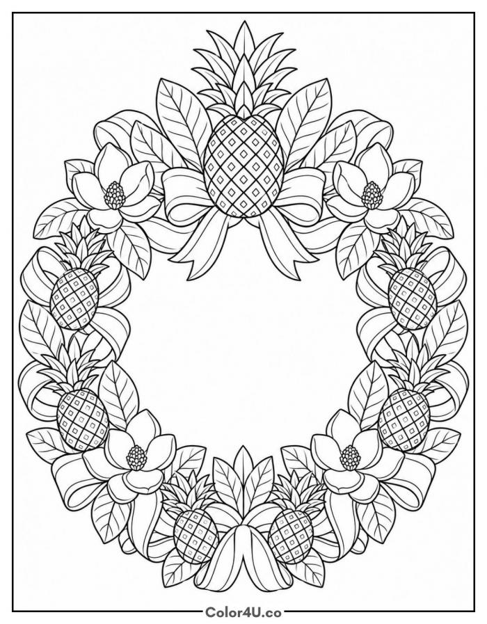 Pineapple welcome wreath with magnolias and ribbon, detailed fruit coloring page, free printable