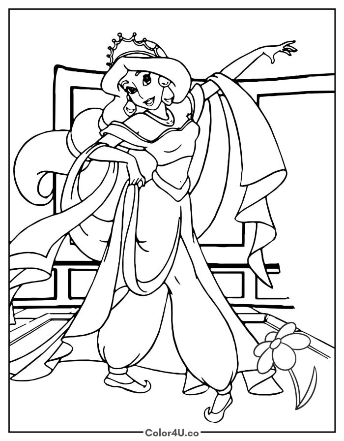 Jasmine dancing in royal robes and a crown at the palace, medium Disney coloring page, free printable