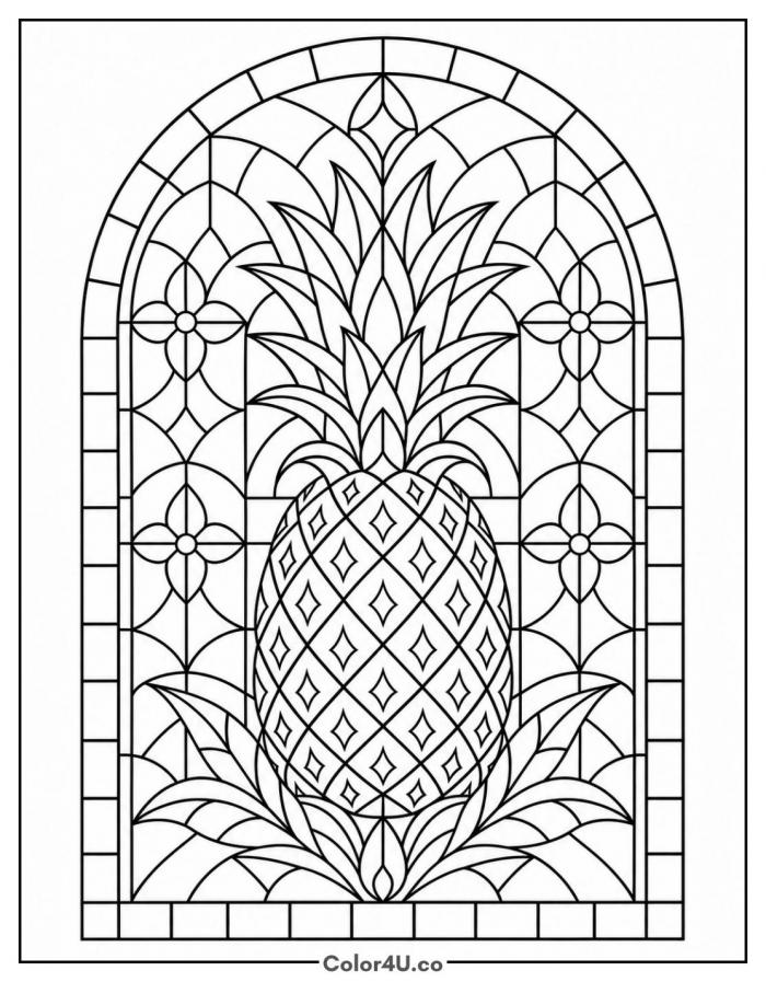 Stained glass pineapple in an arched window, detailed fruit coloring page, free printable
