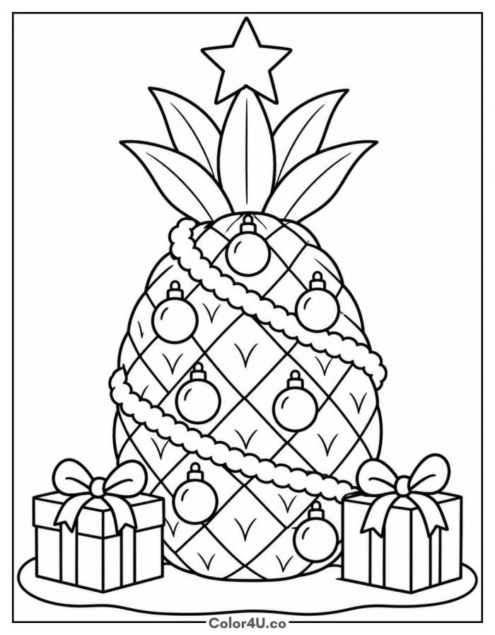 Pineapple Christmas tree with ornaments and gifts, medium holiday coloring page, free printable