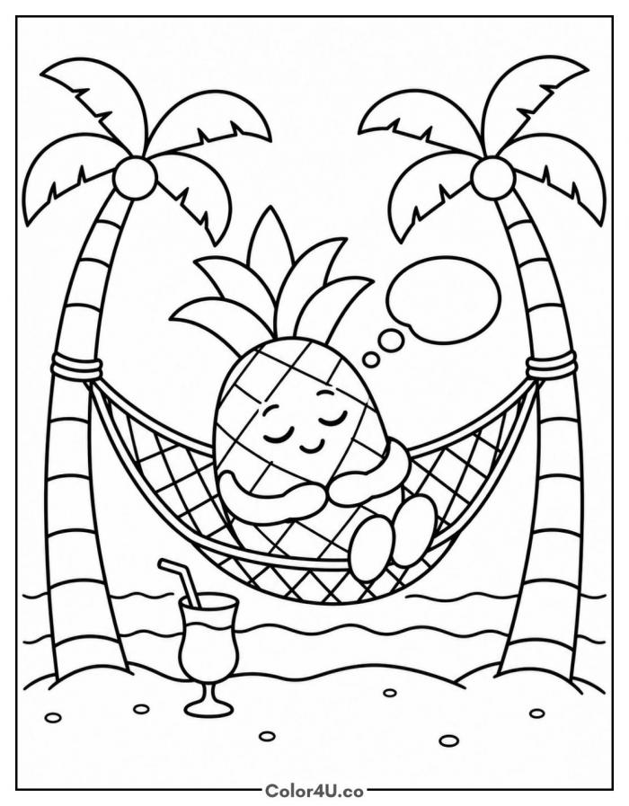 Pineapple napping in a hammock between palm trees, medium fruit coloring page, free printable