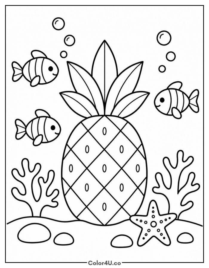Pineapple under the sea with fish and coral, medium fruit coloring page, free printable