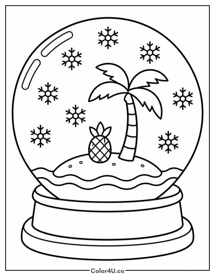 Pineapple snow globe with a palm tree, easy fruit coloring page, free printable