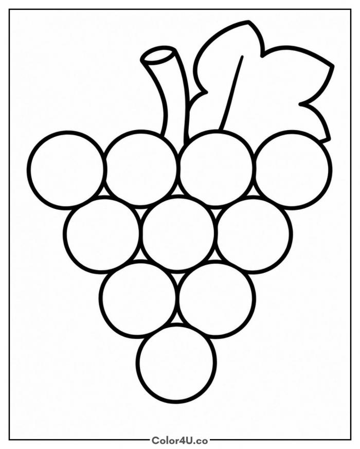 Simple bunch of grapes with a leaf, easy grapes coloring page, free printable