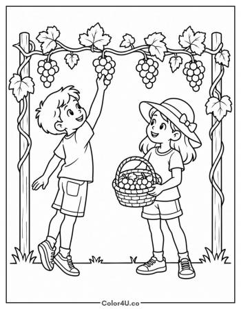 Kids Picking Grapes coloring page