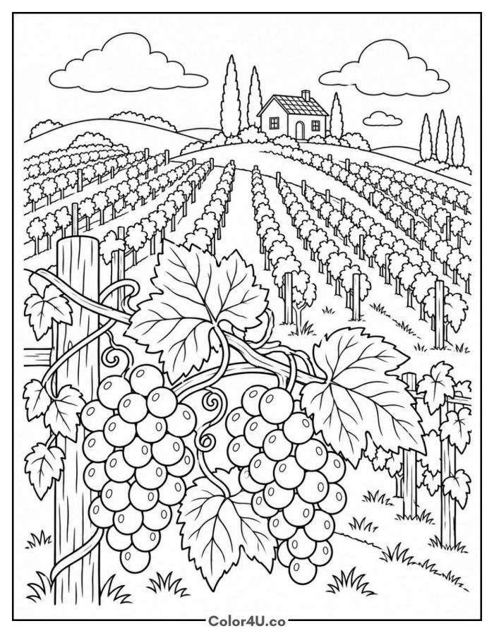 Vineyard on rolling hills with farmhouse and grape bunches, detailed grapes coloring page, free printable