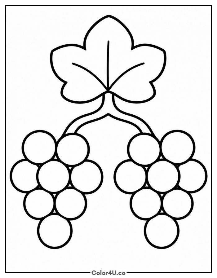 Two bunches of grapes under one leaf, easy grapes coloring page, free printable
