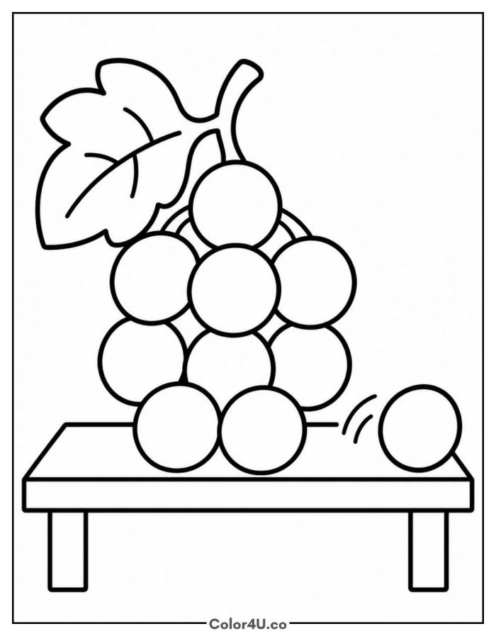 Grape rolling away from its bunch on a table, easy grapes coloring page, free printable