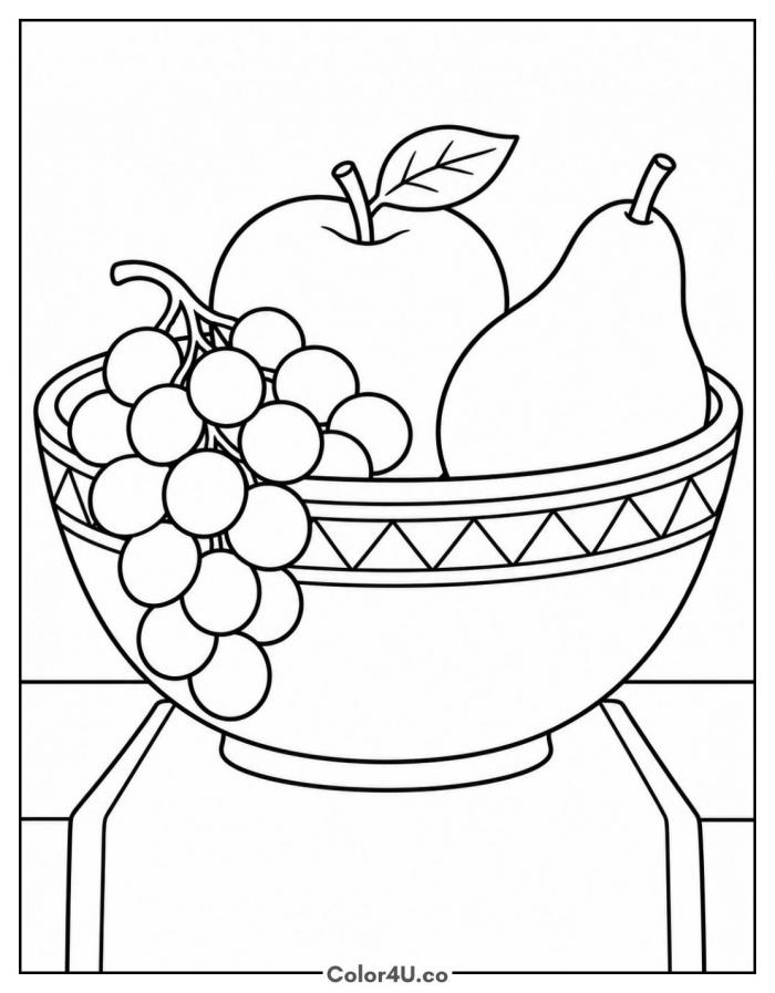 Grapes, apple, and pear in a fruit bowl, easy grapes coloring page, free printable