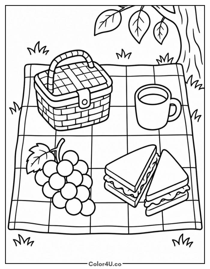 Grapes on a picnic blanket with sandwiches and basket, medium grapes coloring page, free printable