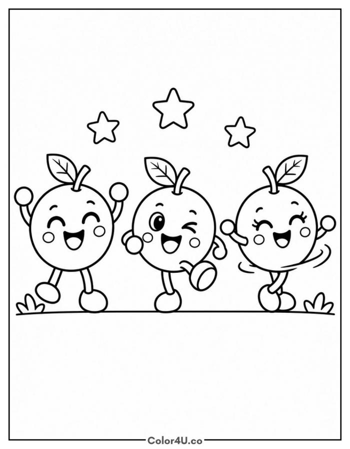 Three dancing cartoon grapes with happy faces, easy grapes coloring page, free printable