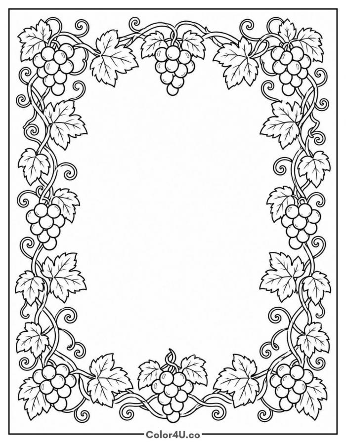 Grapevine border frame with grapes and leaves, detailed grapes coloring page, free printable