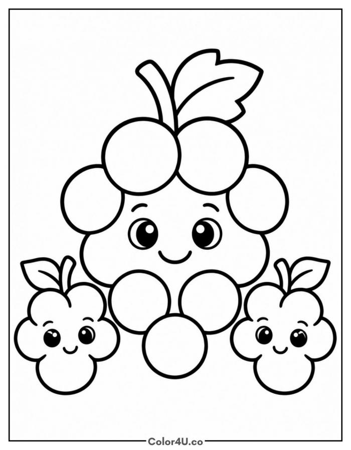 Grape family with one big and two small smiling grape bunches, easy grapes coloring page, free printable