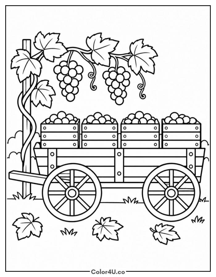 Grape harvest wagon with four crates of grapes, medium grapes coloring page, free printable