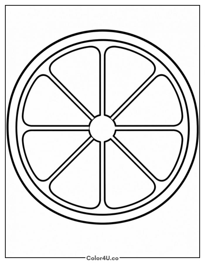 Orange slice wheel with eight segments, easy orange coloring page, free printable