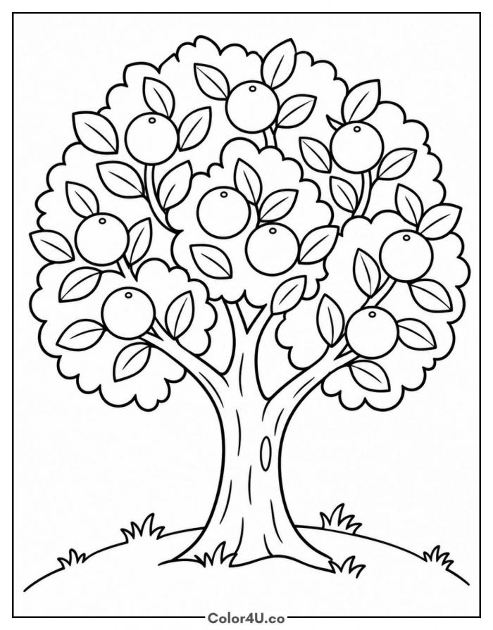 Orange tree full of fruit on a grassy hill, medium orange coloring page, free printable