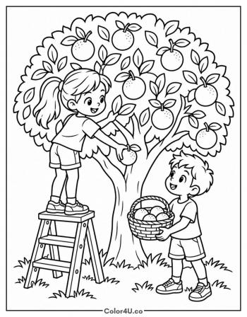 Kids Picking Oranges in the Orchard coloring page