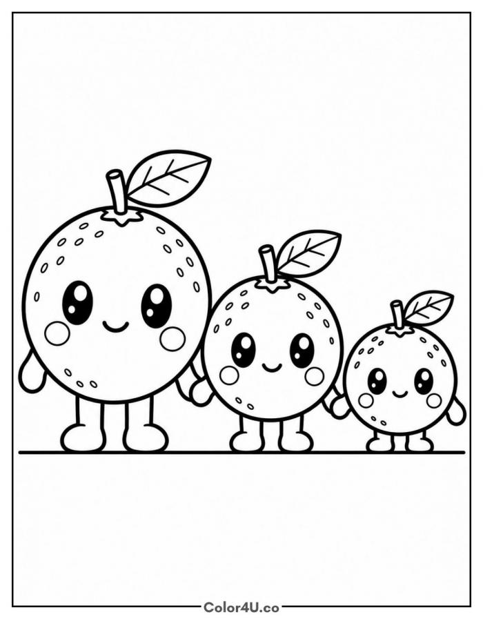 Cute orange family of three holding hands, easy orange coloring page, free printable