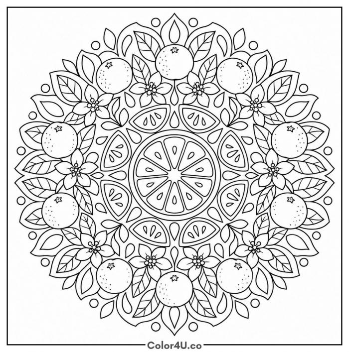 Orange slice mandala with blossoms and fruit, detailed orange coloring page, free printable