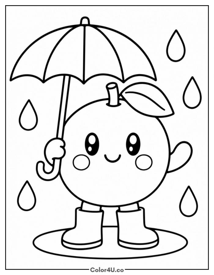 Orange with an umbrella and rain boots, easy orange coloring page, free printable
