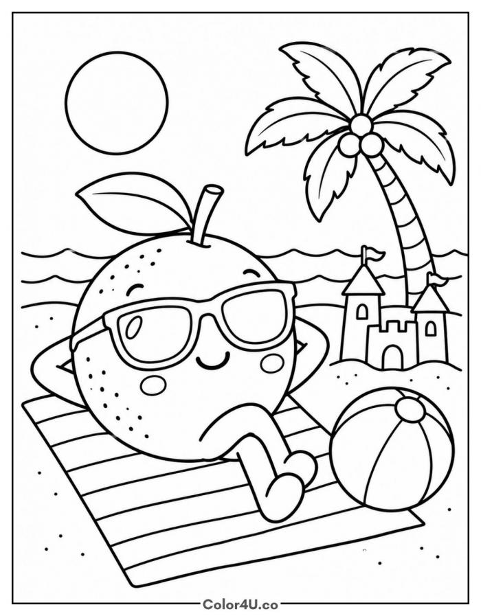 Orange in sunglasses relaxing at the beach, medium orange coloring page, free printable