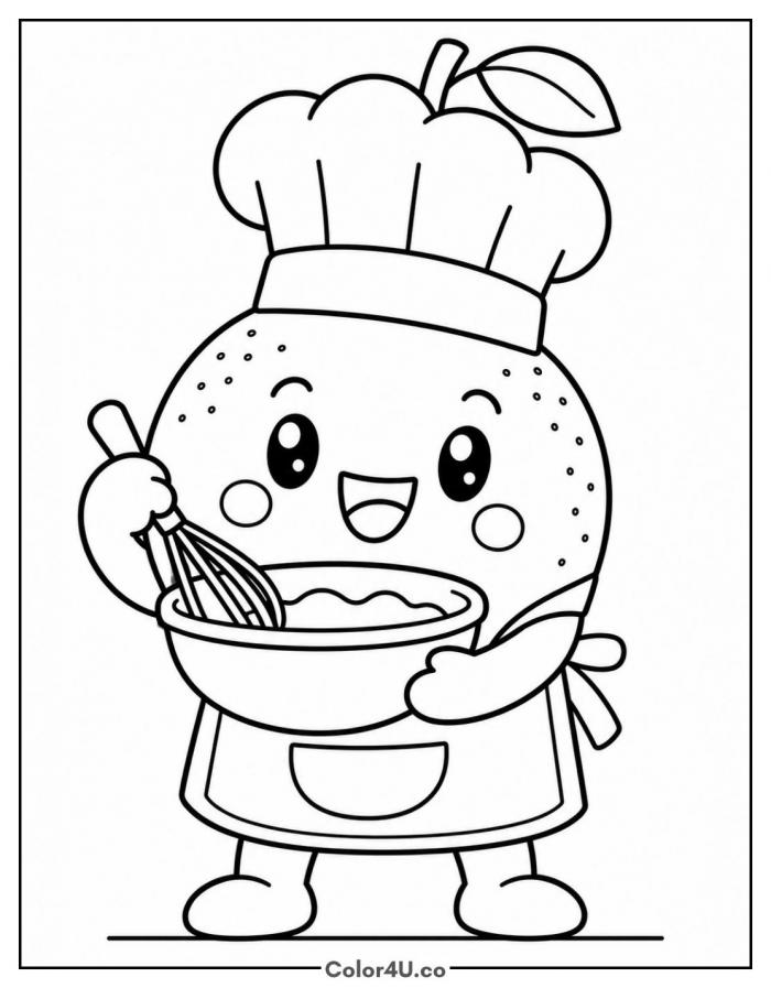Orange chef whisking a mixing bowl, easy orange coloring page, free printable