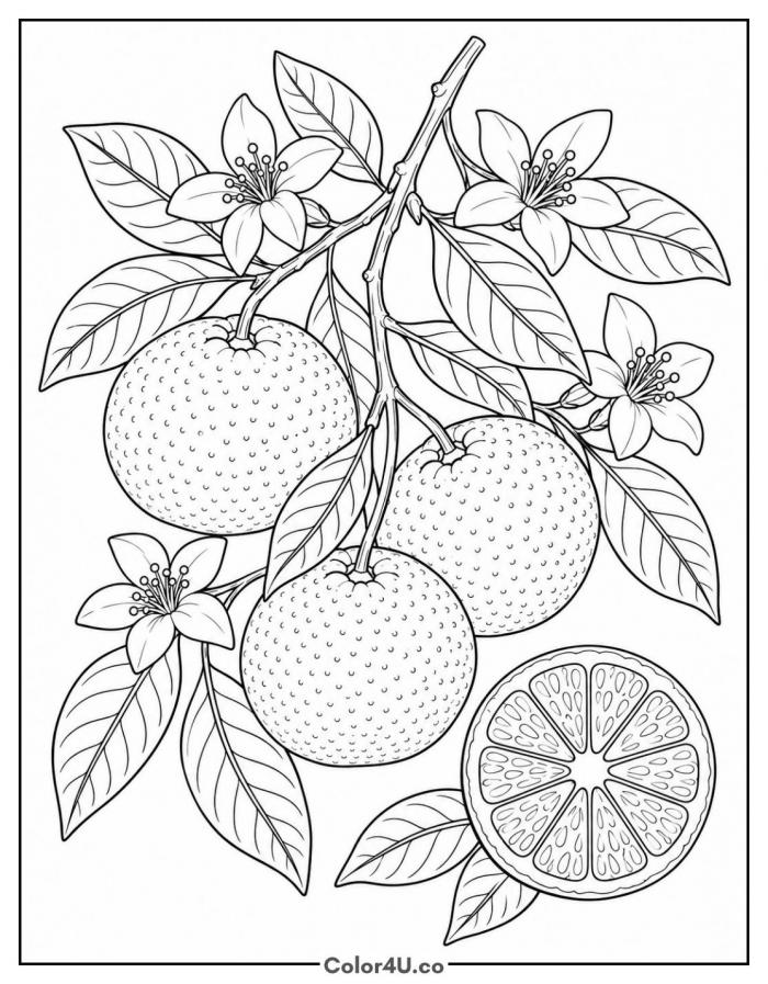 Mandarin branch botanical study with blossoms and slice, detailed orange coloring page, free printable