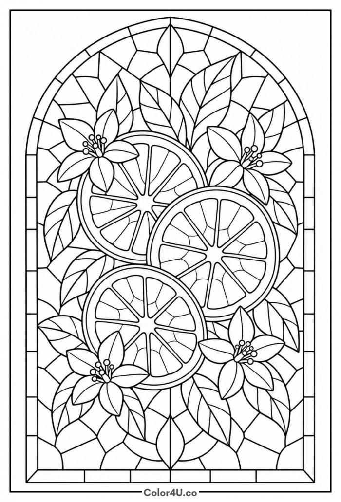 Stained glass orange slices and blossoms in an arched window, detailed orange coloring page, free printable