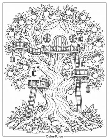 Whimsical Orange Treehouse coloring page