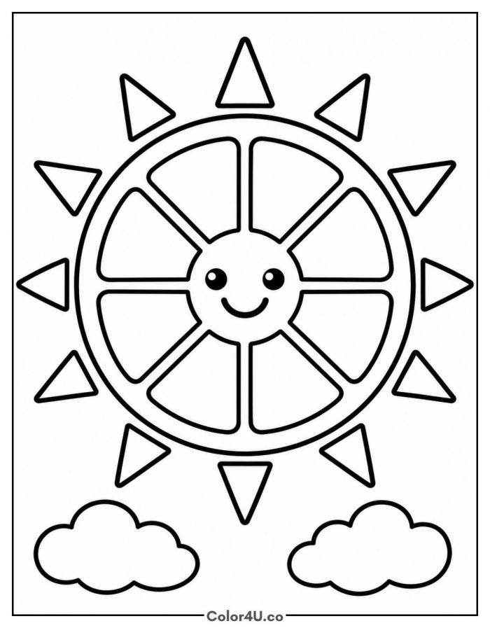 Smiling orange slice sun with rays and clouds, easy orange coloring page, free printable